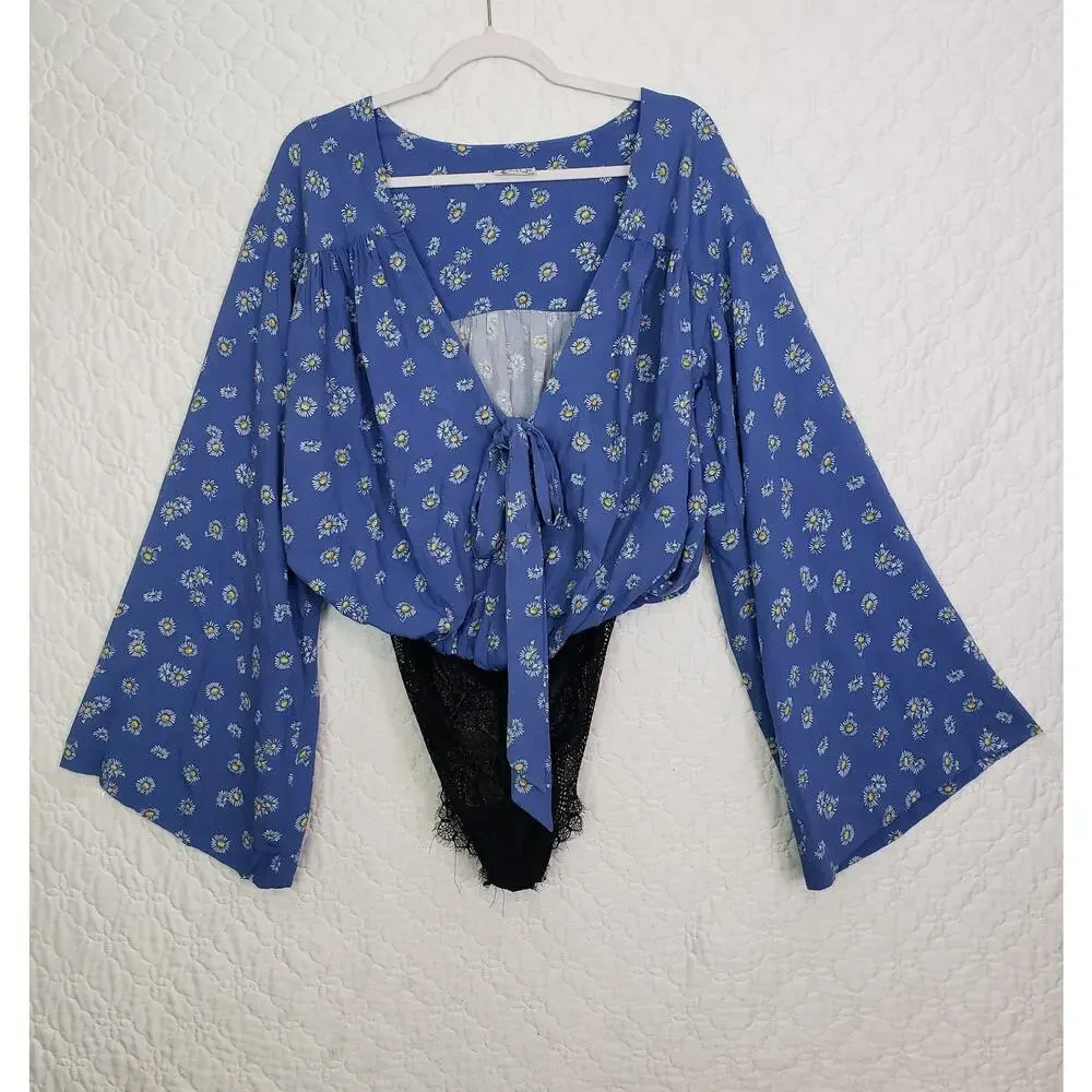 Intimately Free People Womens Bodysuit Top Size L Forties Feel Daisy Bell Sleeve